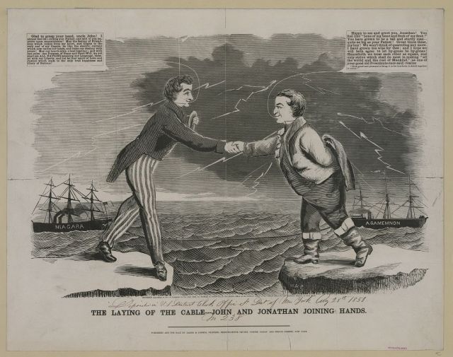 "The laying of the cable---John and Jonathan joining hands," c. 1858.
